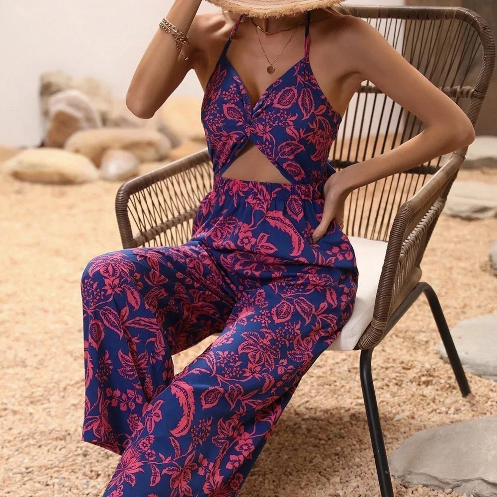 Blue Boho Womens Floral Print Twist Front Cut Out Tie Backless Halter Jumpsuit - Picture 2 of 5
